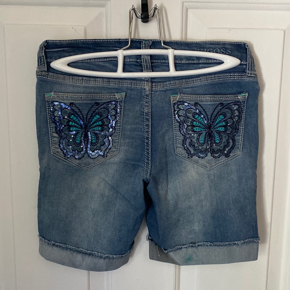 Juniors Sequin Butterfly Pocket Bermuda Shorts
